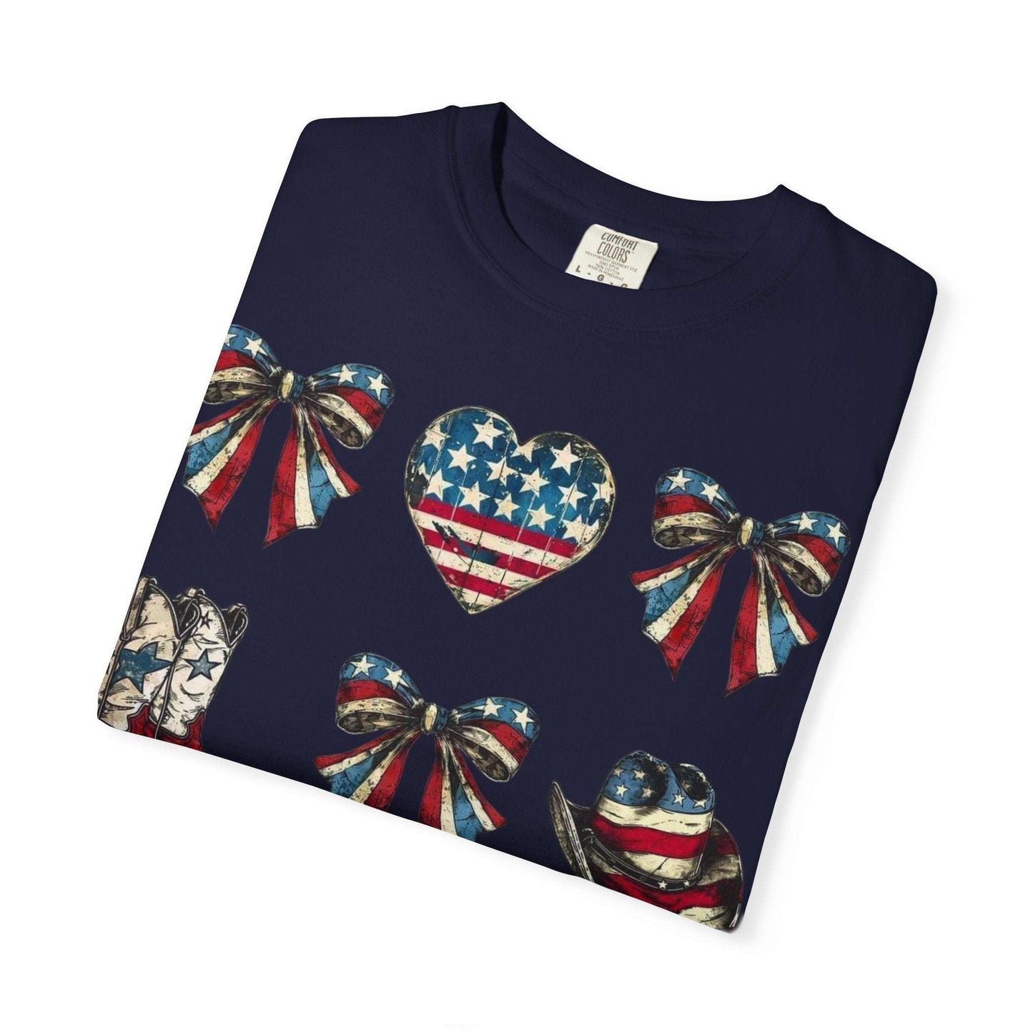 Patriotic Western Icons T-Shirt — American Flag Bows, Boots & Cowboy Design staytruedesignco