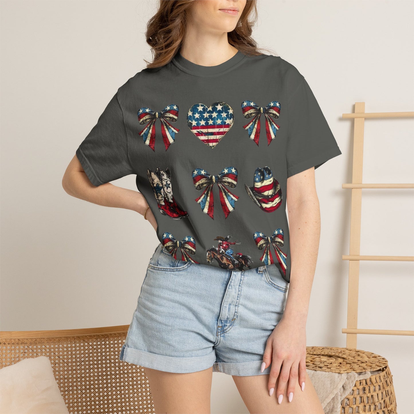 Patriotic Western Icons T-Shirt — American Flag Bows, Boots & Cowboy Design