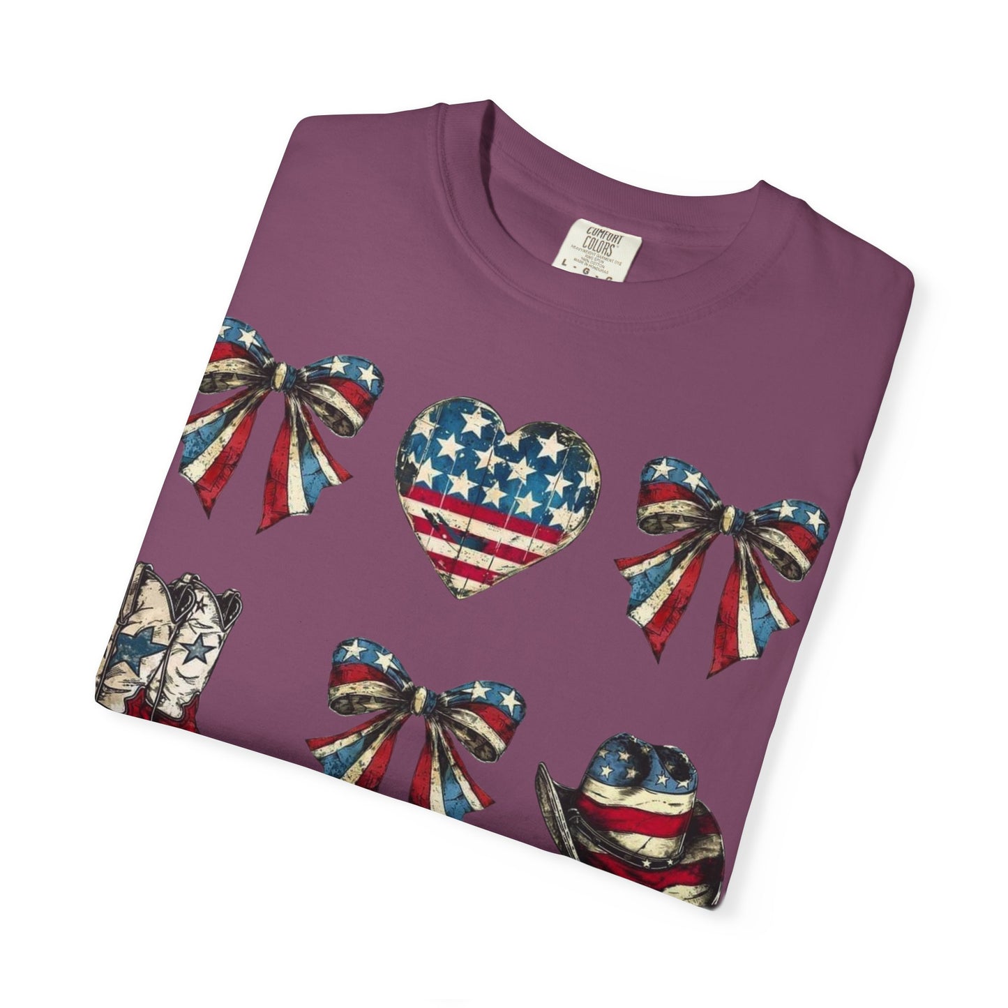 Patriotic Western Icons T-Shirt — American Flag Bows, Boots & Cowboy Design