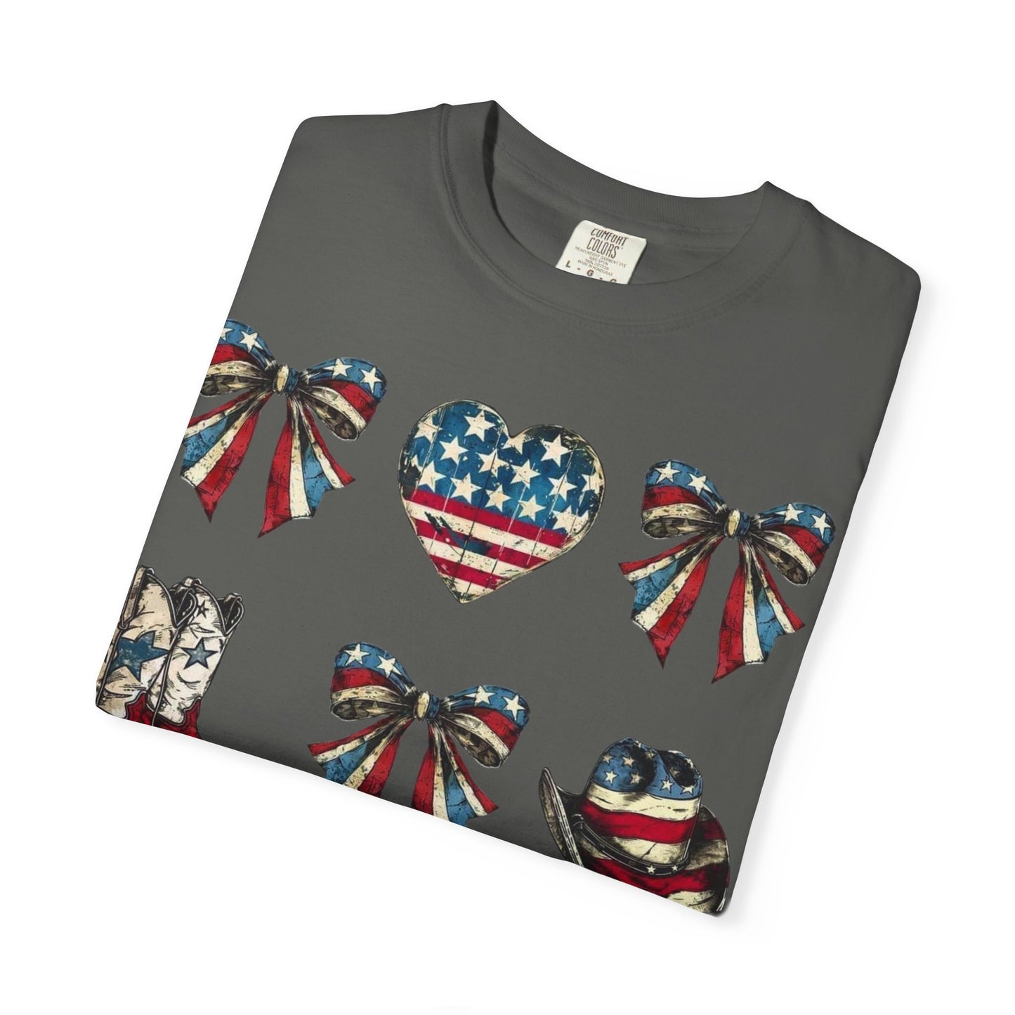 Patriotic Western Icons T-Shirt — American Flag Bows, Boots & Cowboy Design