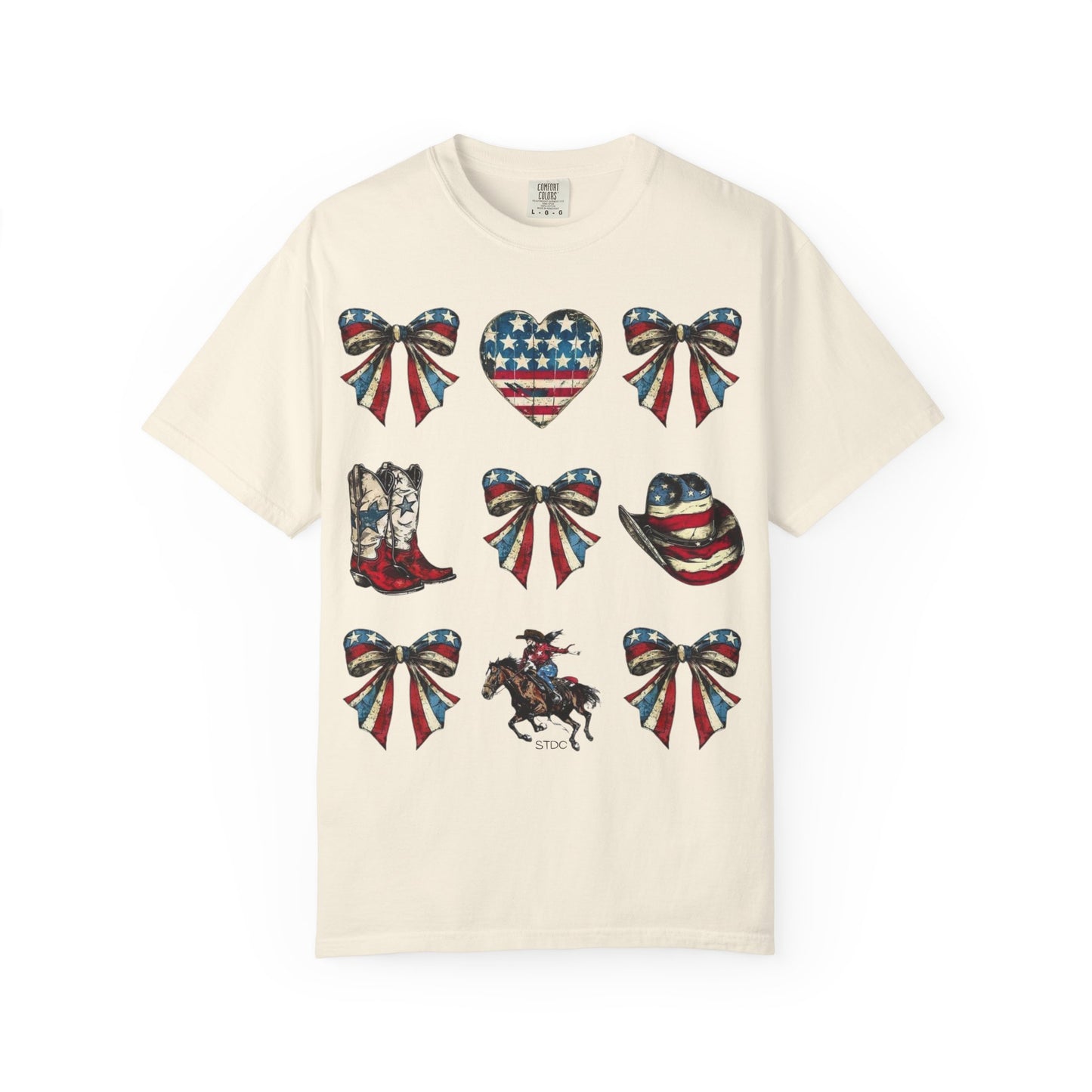 Patriotic Western Icons T-Shirt — American Flag Bows, Boots & Cowboy Design