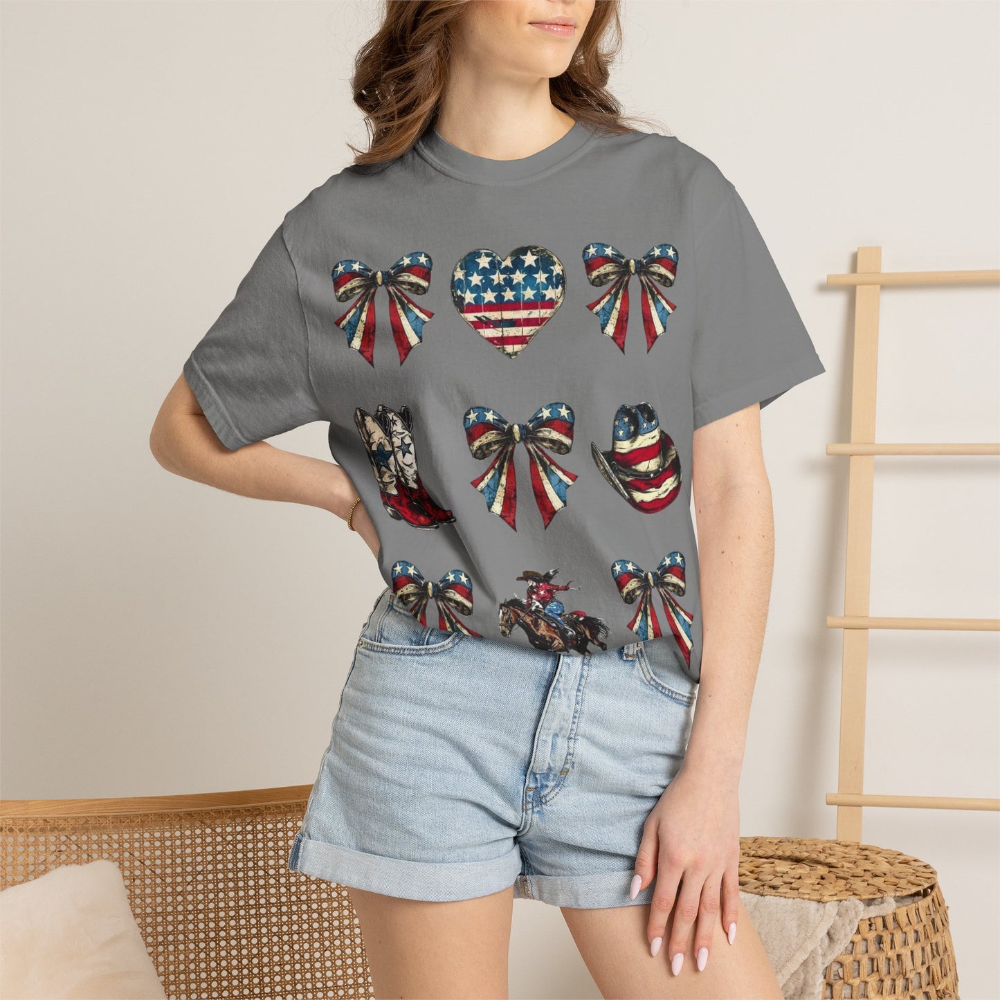 Patriotic Western Icons T-Shirt — American Flag Bows, Boots & Cowboy Design