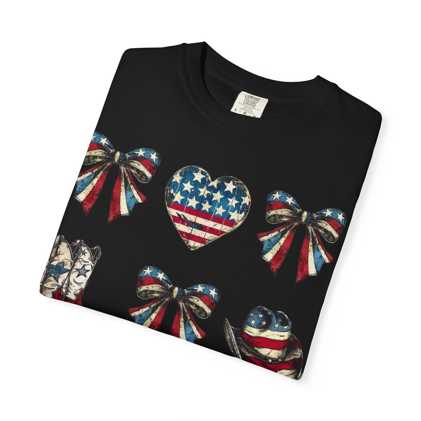 Patriotic Western Icons T-Shirt — American Flag Bows, Boots & Cowboy Design
