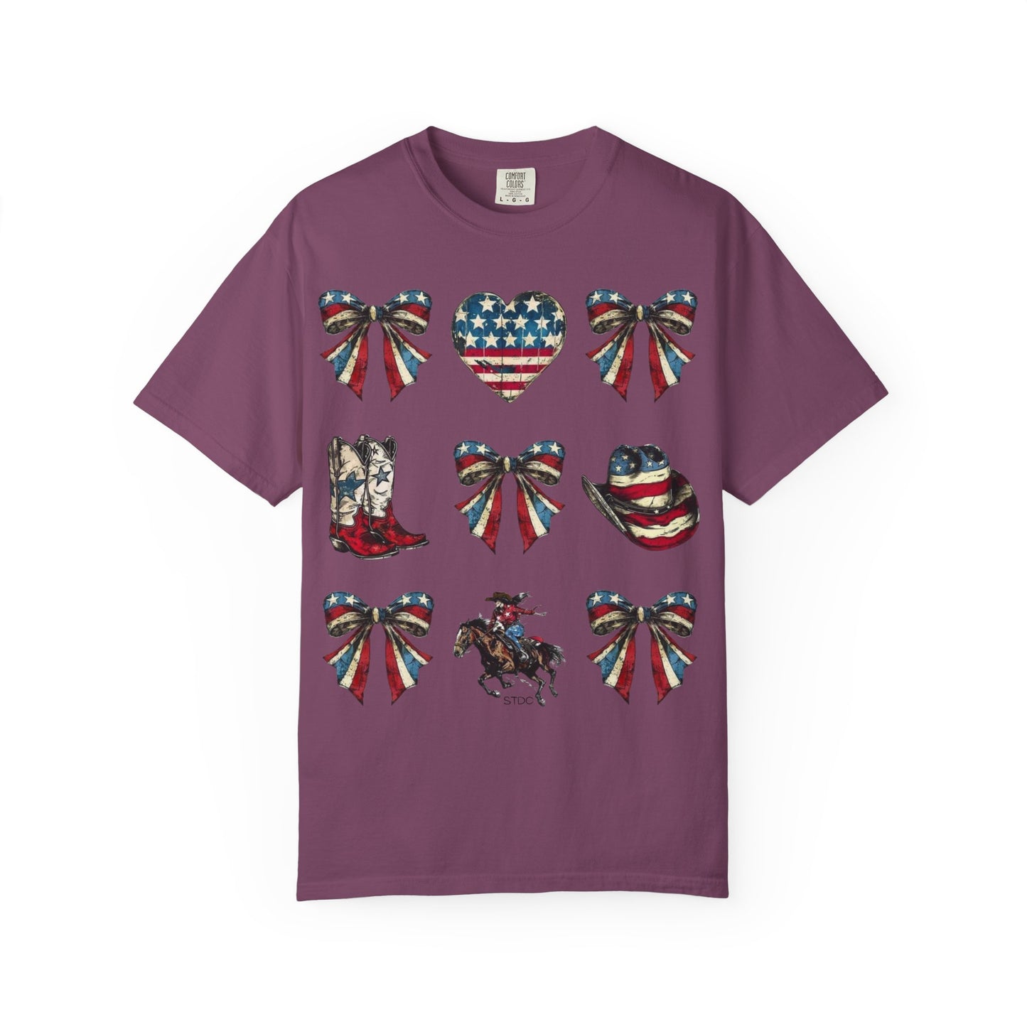 Patriotic Western Icons T-Shirt — American Flag Bows, Boots & Cowboy Design