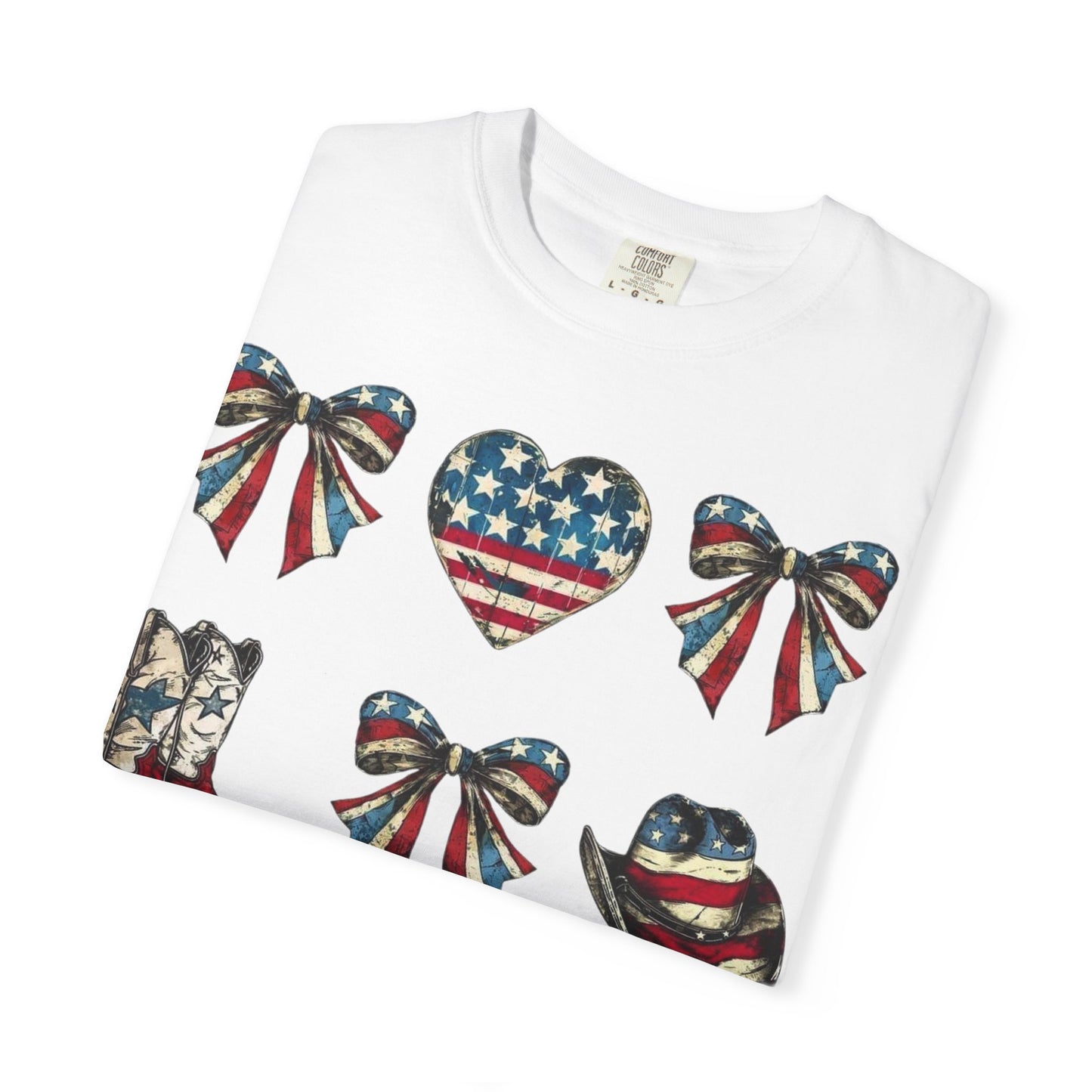 Patriotic Western Icons T-Shirt — American Flag Bows, Boots & Cowboy Design