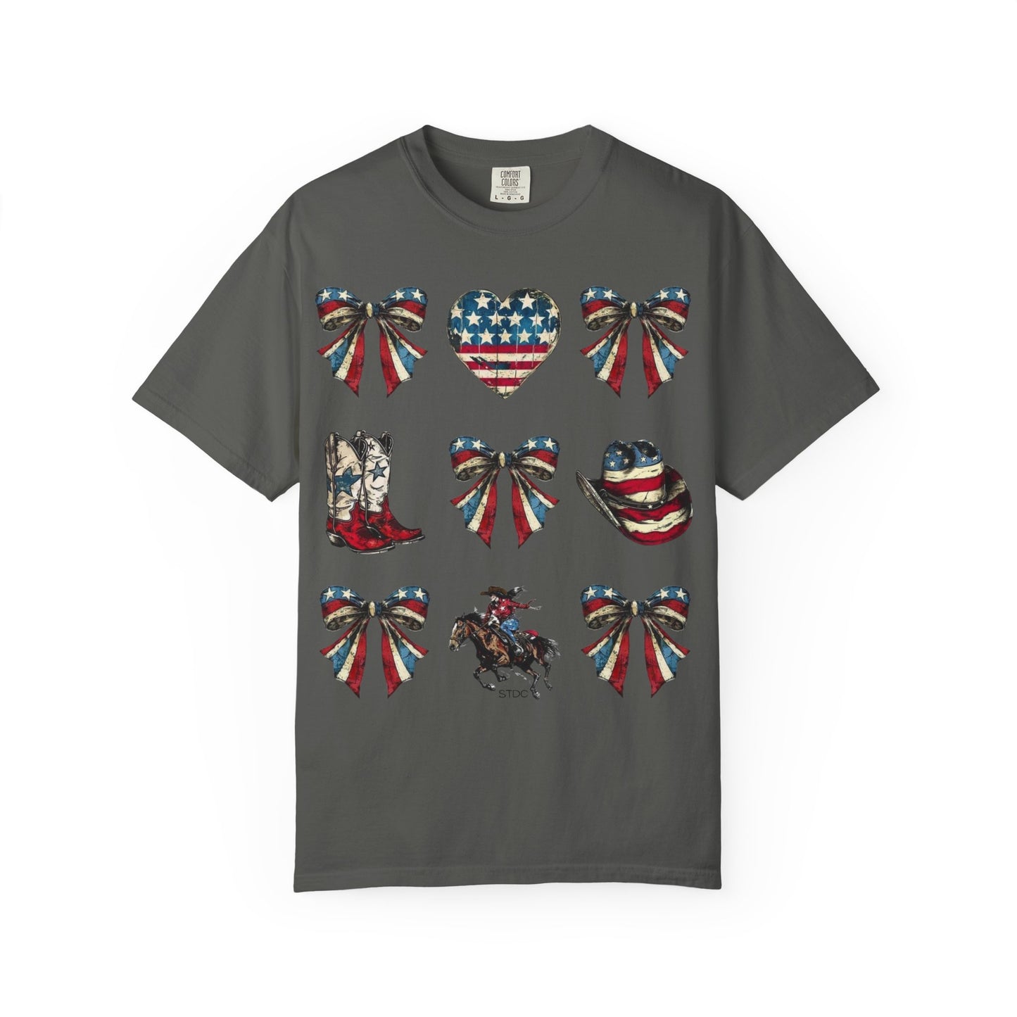Patriotic Western Icons T-Shirt — American Flag Bows, Boots & Cowboy Design