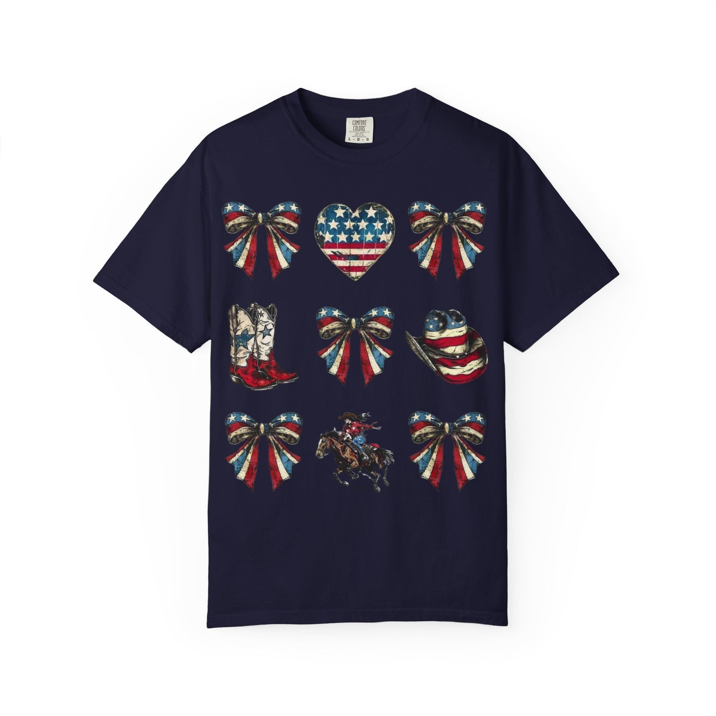 Patriotic Western Icons T-Shirt — American Flag Bows, Boots & Cowboy Design