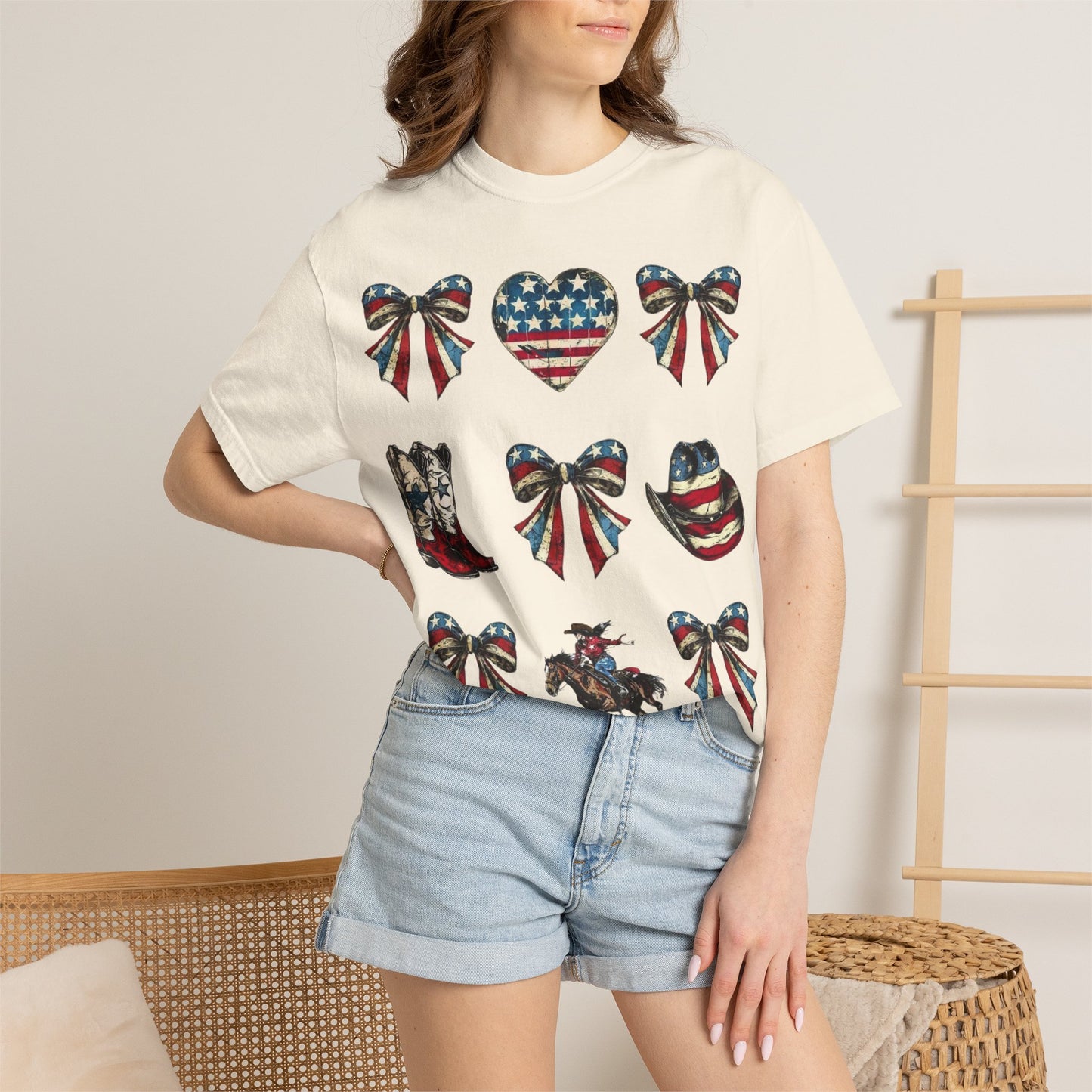Patriotic Western Icons T-Shirt — American Flag Bows, Boots & Cowboy Design