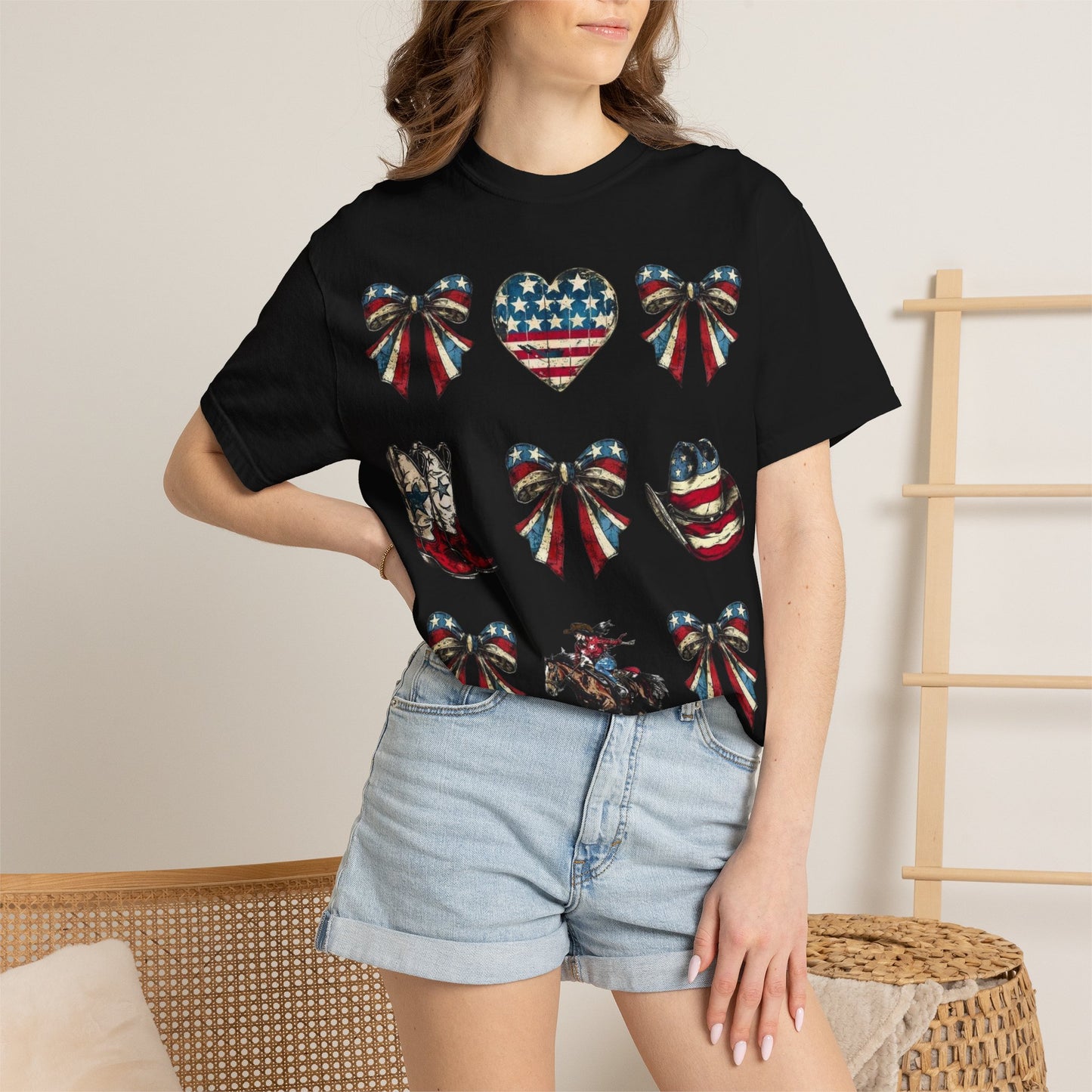 Patriotic Western Icons T-Shirt — American Flag Bows, Boots & Cowboy Design