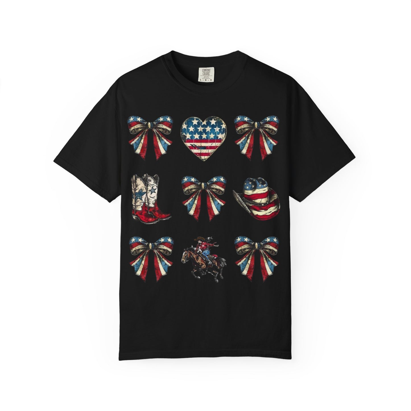 Patriotic Western Icons T-Shirt — American Flag Bows, Boots & Cowboy Design