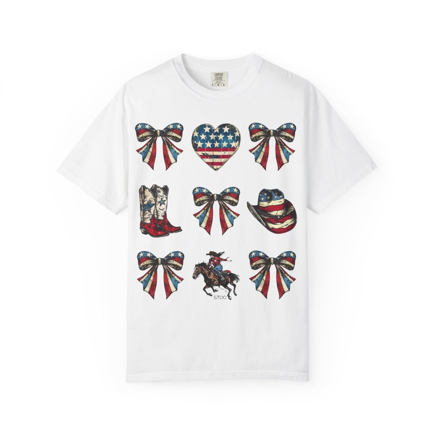 Patriotic Western Icons T-Shirt — American Flag Bows, Boots & Cowboy Design