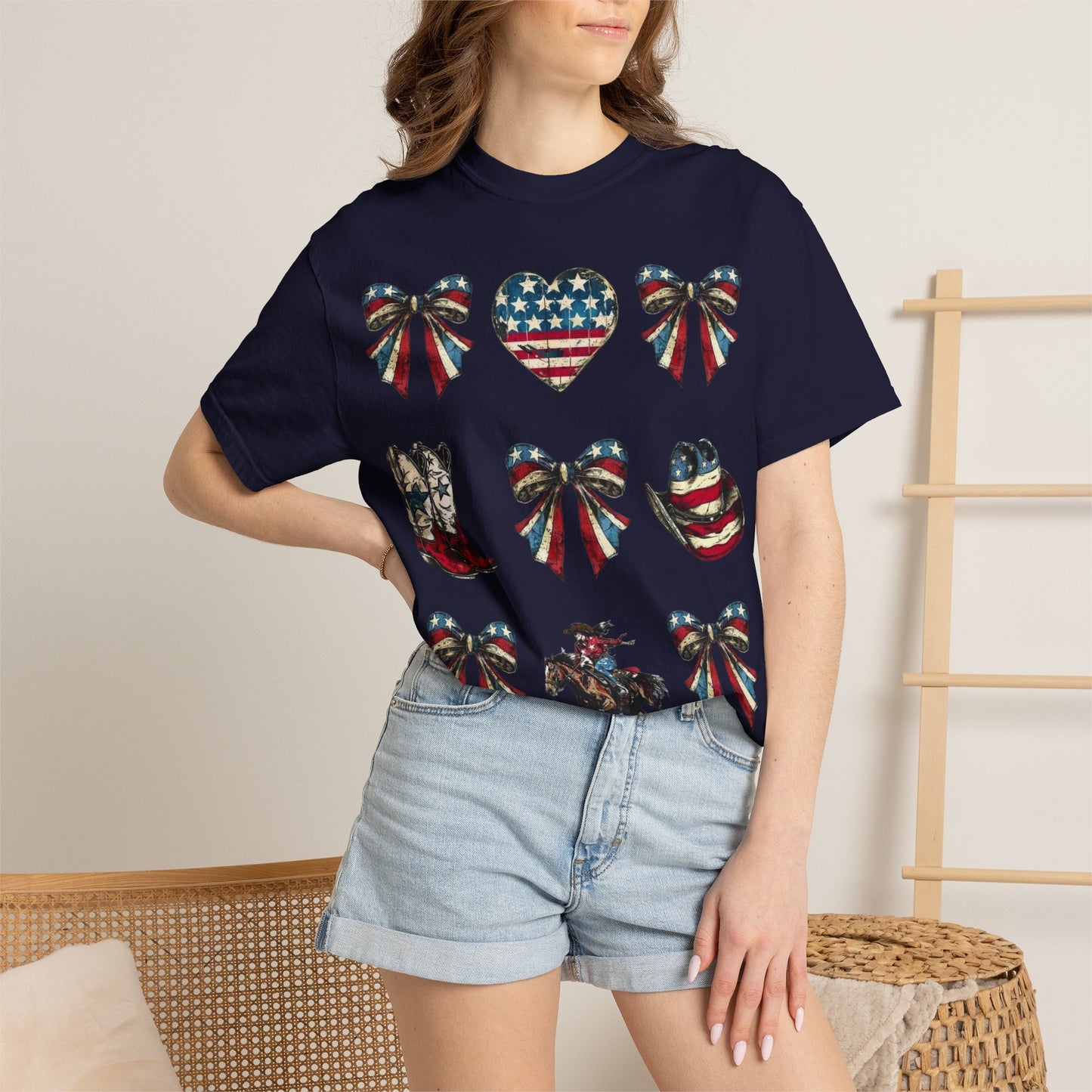 Patriotic Western Icons T-Shirt — American Flag Bows, Boots & Cowboy Design