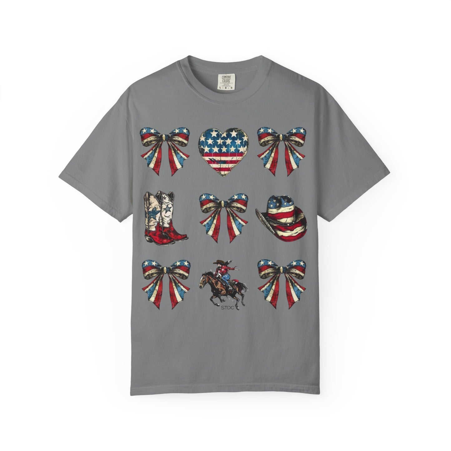 Patriotic Western Icons T-Shirt — American Flag Bows, Boots & Cowboy Design