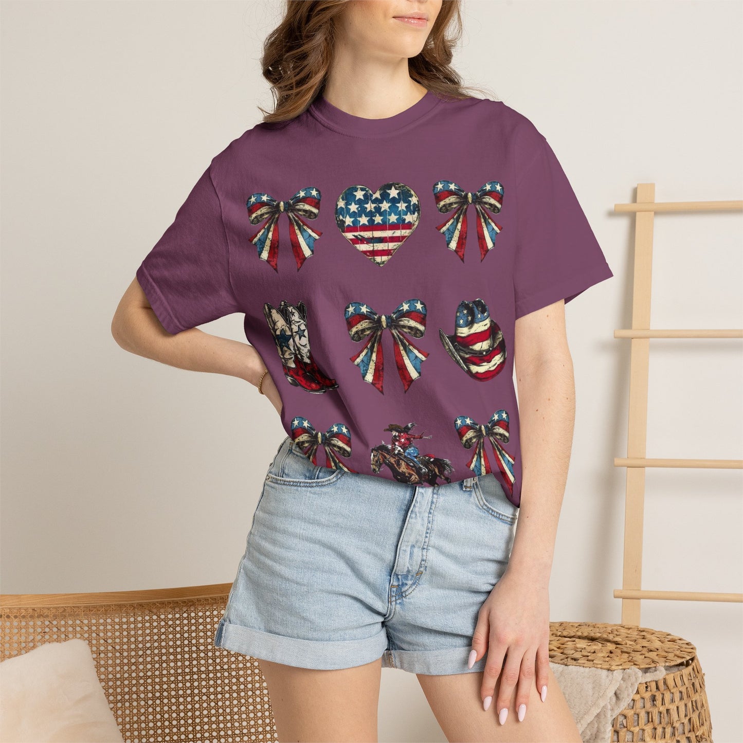 Patriotic Western Icons T-Shirt — American Flag Bows, Boots & Cowboy Design