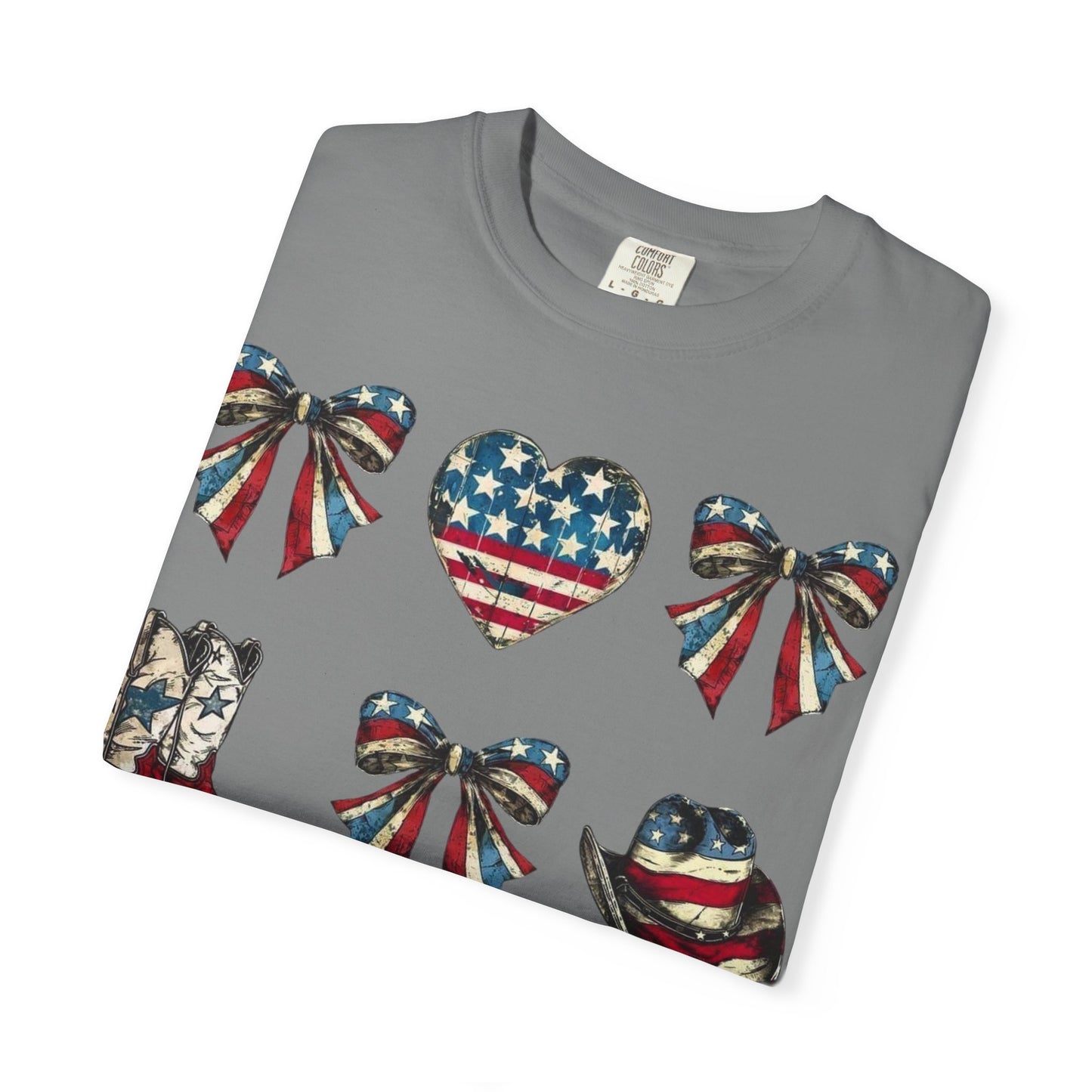 Patriotic Western Icons T-Shirt — American Flag Bows, Boots & Cowboy Design