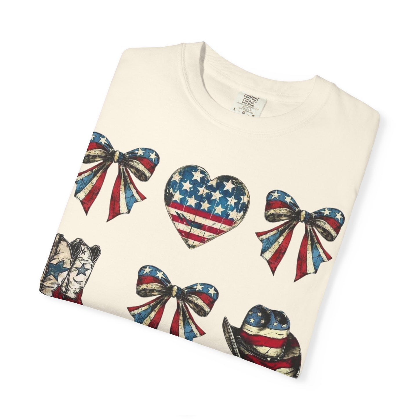 Patriotic Western Icons T-Shirt — American Flag Bows, Boots & Cowboy Design