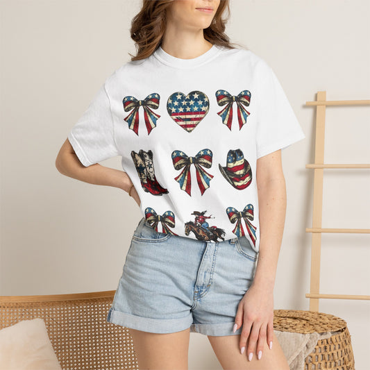 Patriotic Western Icons T-Shirt — American Flag Bows, Boots & Cowboy Design