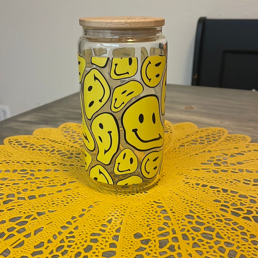 Yellow Smiley Glass Can Cup