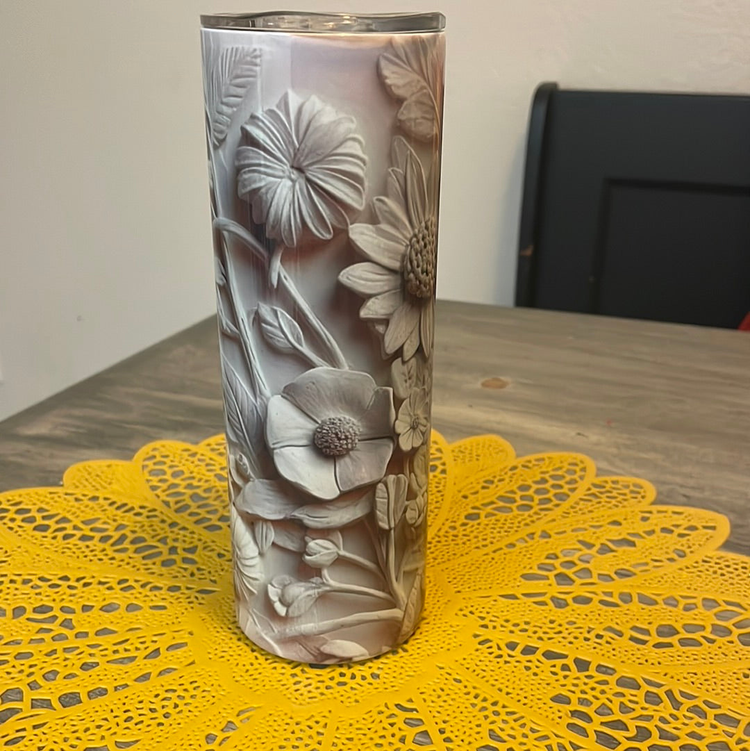 3D White Flowers Tumbler