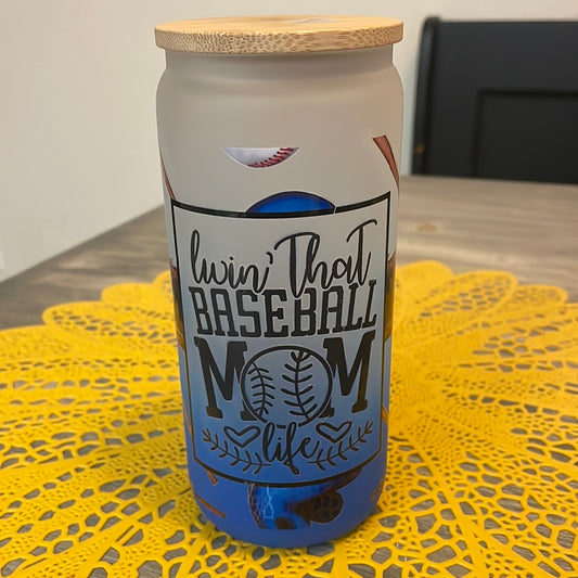 Baseball Mom (blue) Glass Can Cup